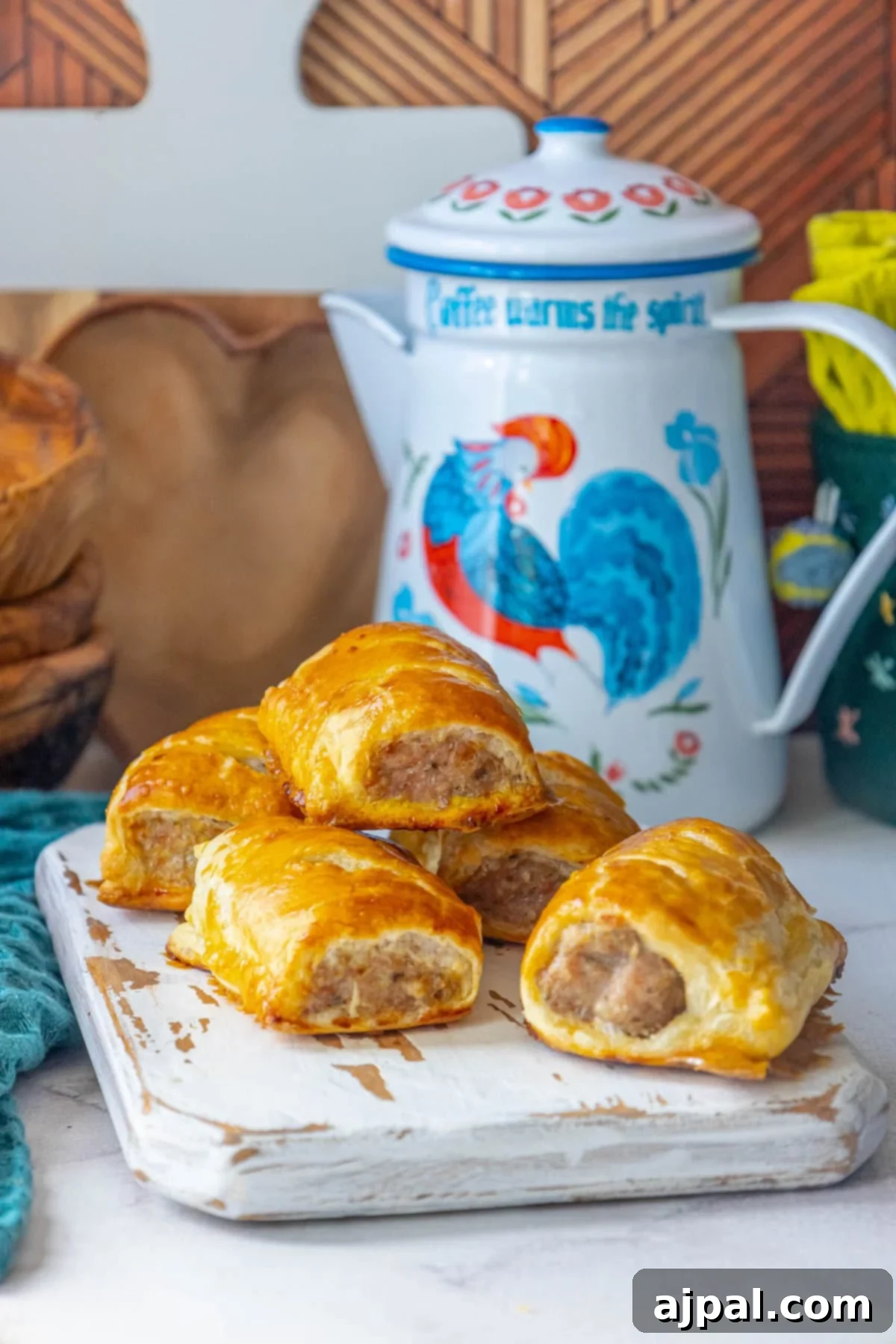 Classic English Sausage Rolls Recipe 12 Deliciously baked sausage rolls on a white cutting board, with a decorative rooster teapot visible in the background.