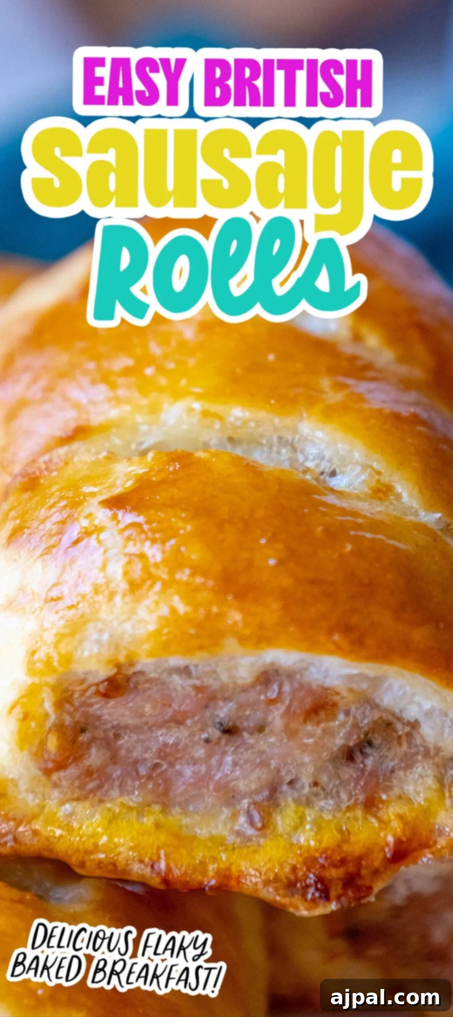 Classic English Sausage Rolls Recipe 13 Detailed shot of an easy recipe for baked British sausage rolls, highlighting the golden pastry and savory filling.