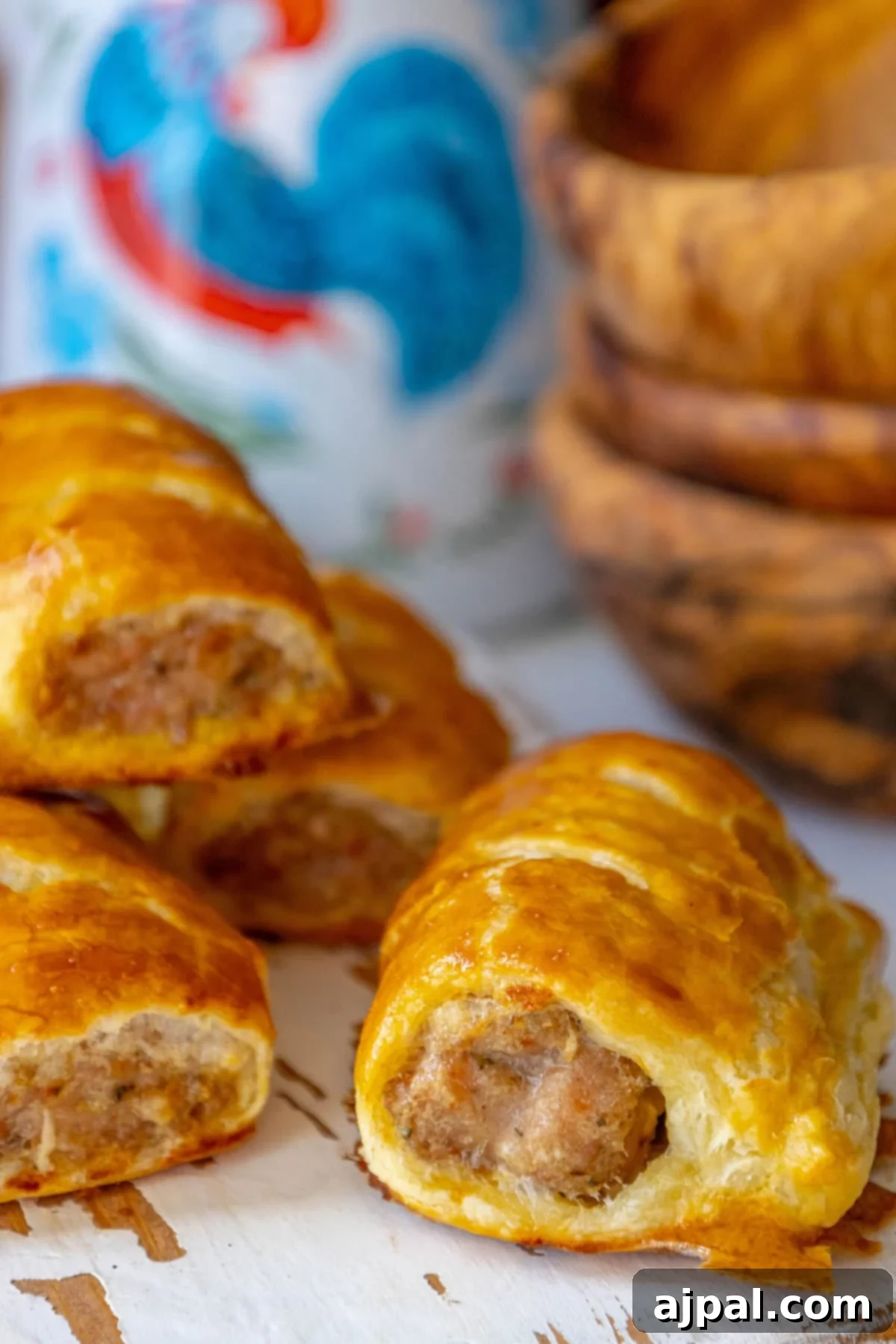 Classic English Sausage Rolls 3 Close-up view of freshly baked sausage rolls on a white cutting board, showcasing their golden crust.