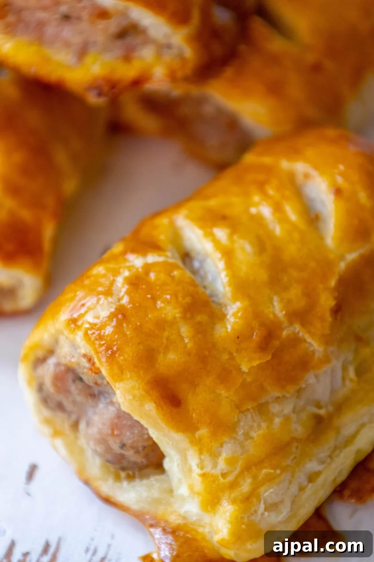 Classic English Sausage Rolls 4 Easy homemade sausage rolls with a sprinkle of cheese on a white plate, ready to be enjoyed.