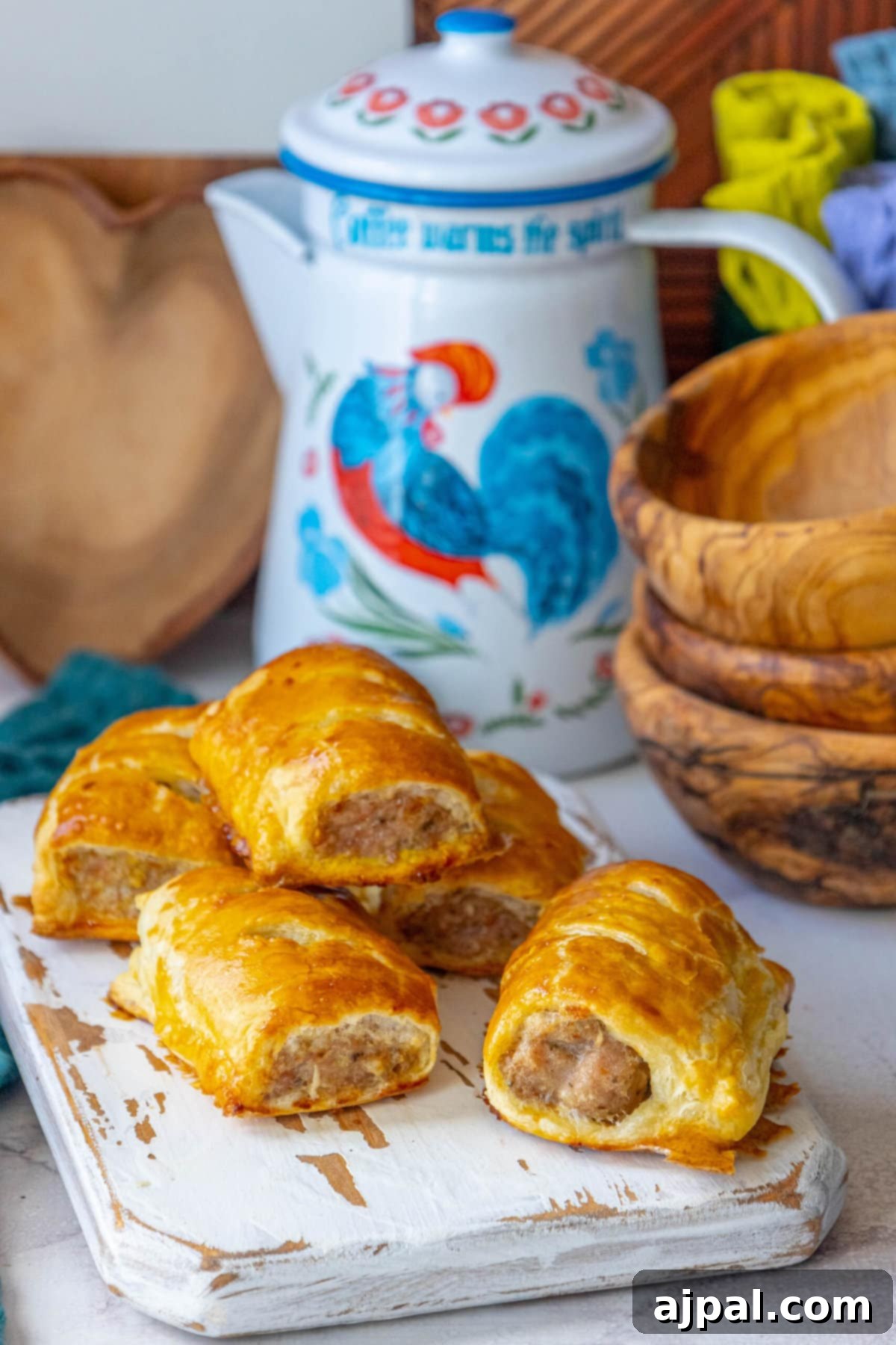 Classic English Sausage Rolls 10 Freshly baked sausage rolls on a white cutting board, with a charming rooster teapot in the background, ready to be served.