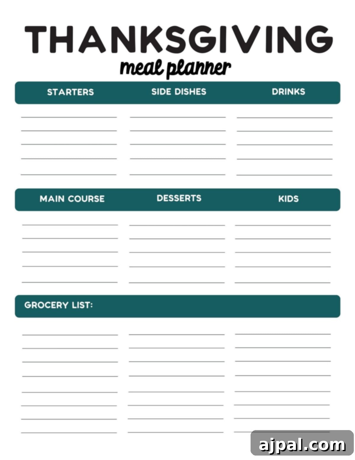 A blank Thanksgiving meal planner designed for organizing all your chosen dishes and culinary tasks.