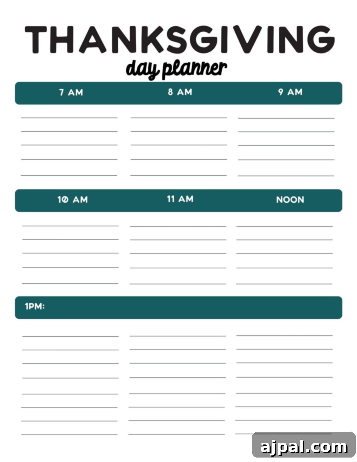 A printable Thanksgiving planner with distinct sections for menu, shopping list, and a detailed timeline.