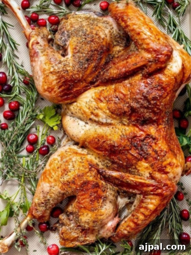 A beautifully spatchcocked turkey on a baking sheet, promising even cooking and wonderfully crispy skin.