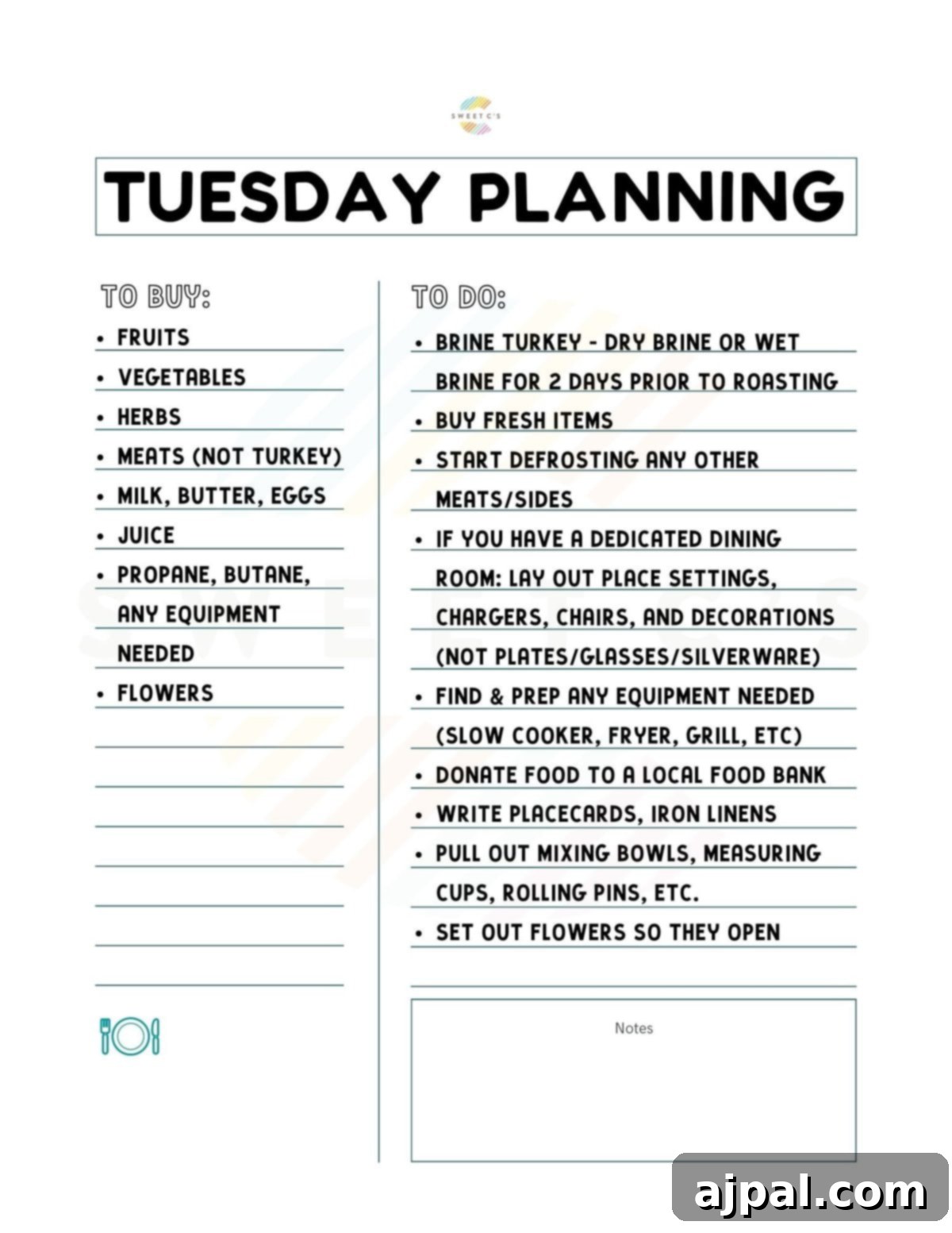 A Thanksgiving planning sheet featuring printable templates for organizing holiday tasks and timelines, ensuring nothing is overlooked.