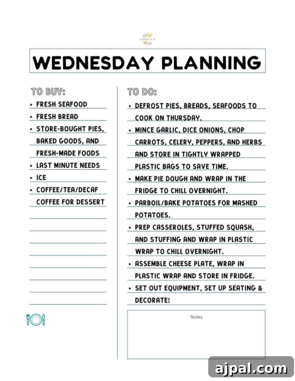 A printable Wednesday planning sheet specifically designed for all pre-Thanksgiving day tasks, allowing for last-minute checks.