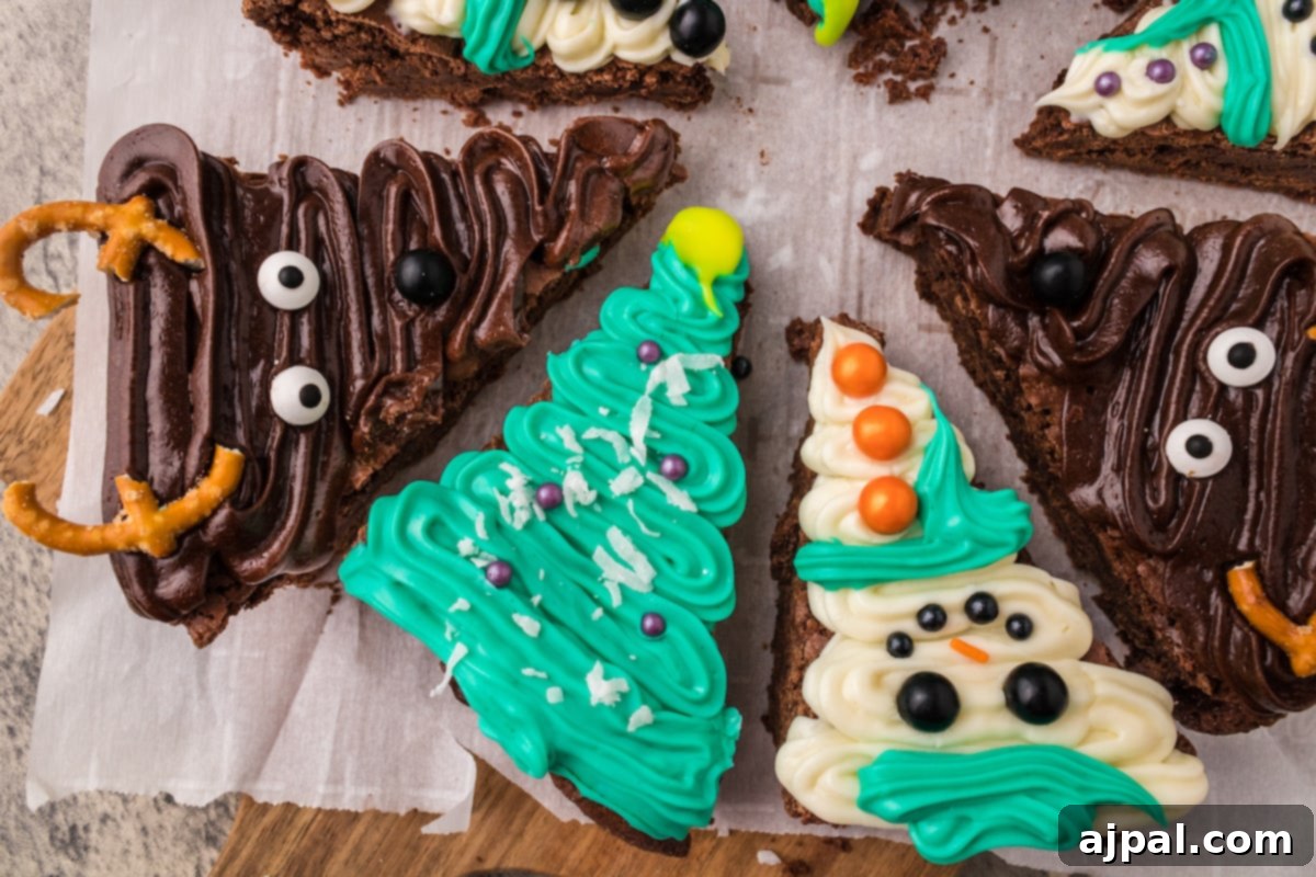 A close-up shot of a beautifully frosted Christmas tree brownie, adorned with green icing and festive sprinkles.