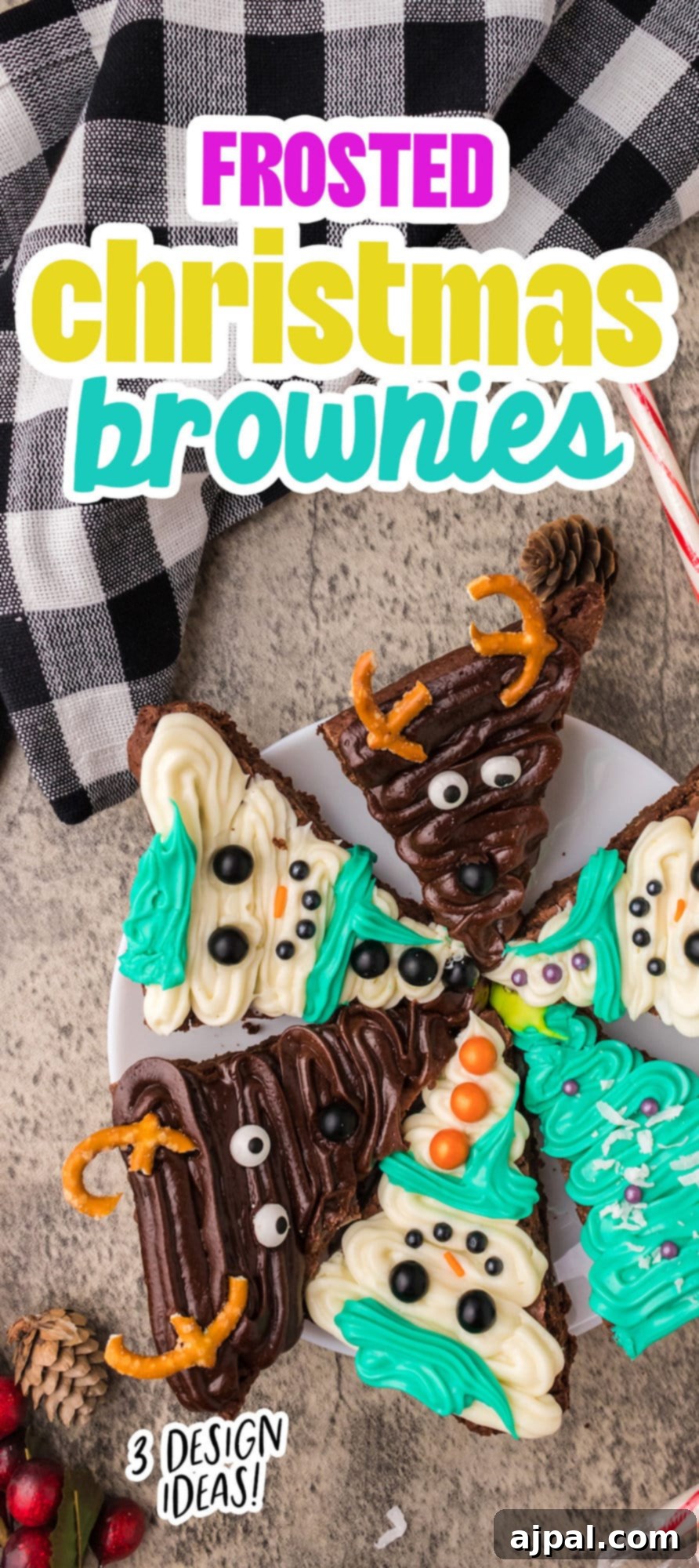 A festive plate showcasing a beautifully frosted Christmas brownie, adorned with intricate icing and a candy cane, ready for the holidays.