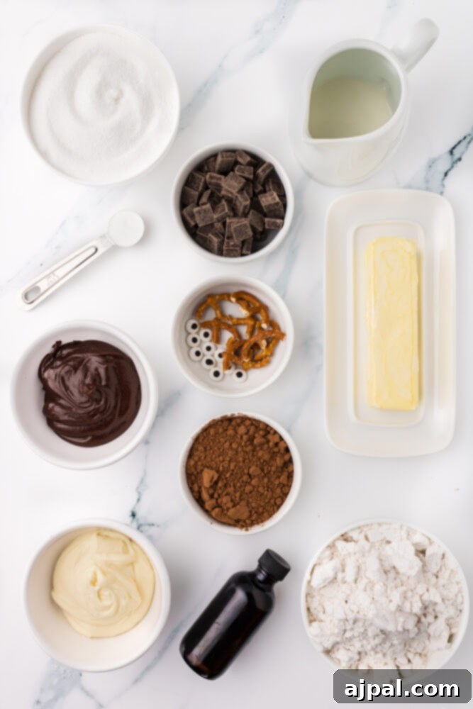 Bowls of chocolate chips, cocoa powder, sugar, butter, flour, and vanilla extract on a table, ready for baking.