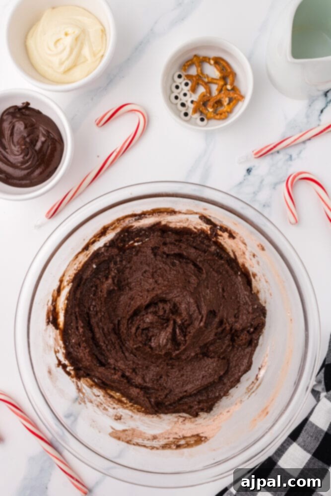 A bowl of rich, dark brownie batter, perfectly mixed and ready for baking.