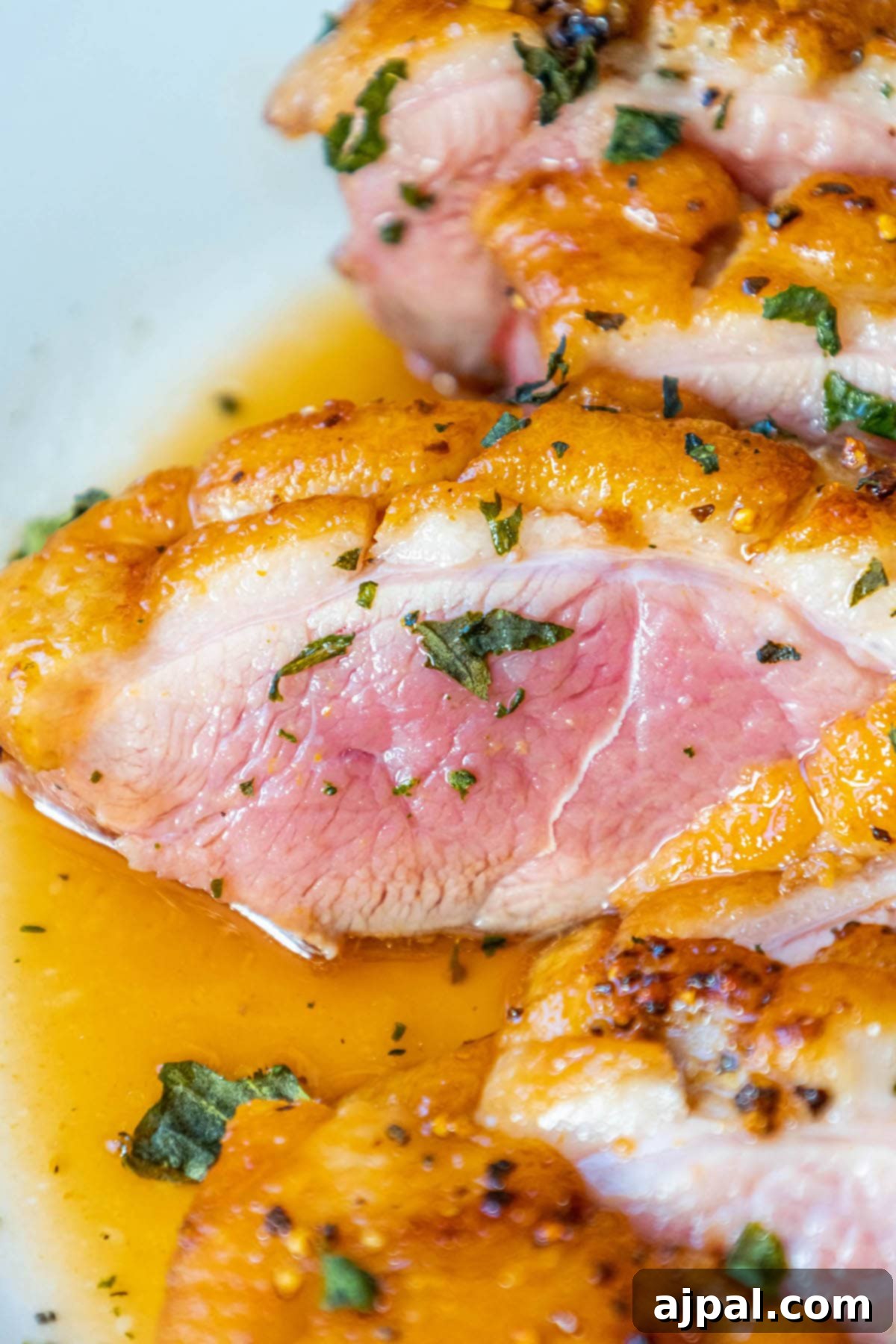Golden-Crisp Duck Breast with Zesty Orange Reduction 2 Sliced crispy seared duck breast seasoned with salt, pepper, and herbs, topped with a glistening orange sauce on a pristine white plate.