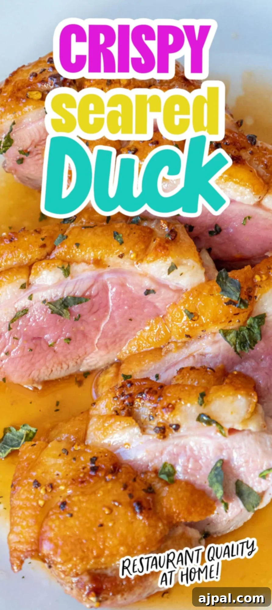 Golden-Crisp Duck Breast with Zesty Orange Reduction 10 A stunning close-up of crispy seared duck breast on a white plate, showcasing its golden, perfectly rendered skin and tender interior.