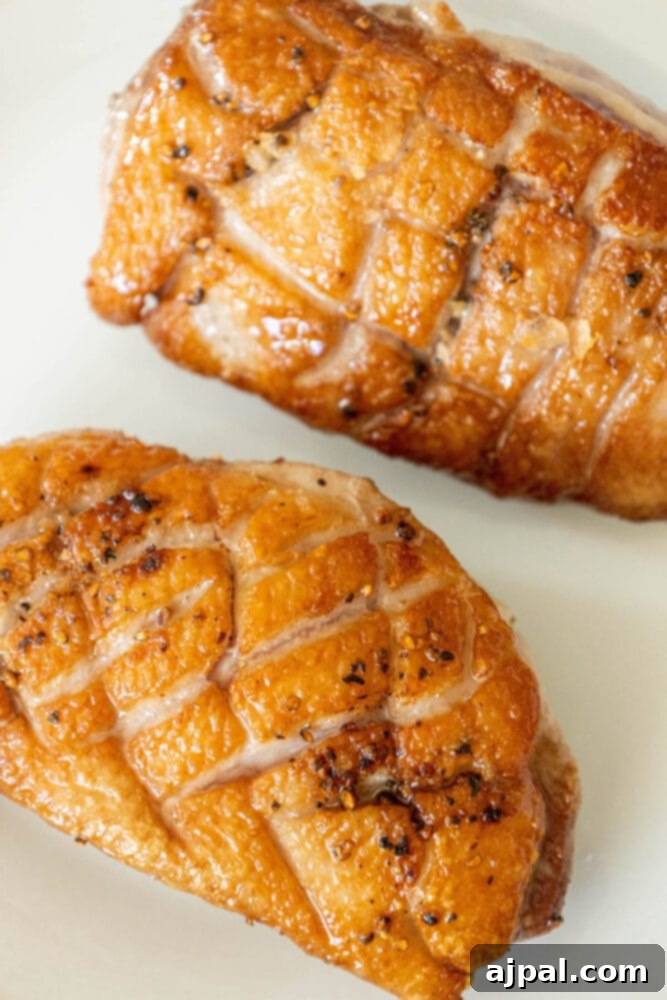Golden-Crisp Duck Breast with Zesty Orange Reduction 6 Perfectly seared duck breast, with its crispy skin visible, resting on a plate after cooking, ready to be sliced.