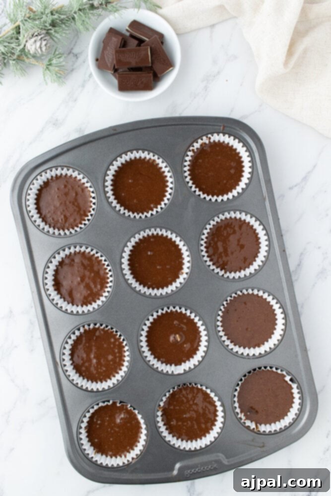Lined muffin tin filled with chocolate mint cupcake batter, ready for baking, with a scattering of mint chips nearby on the table.