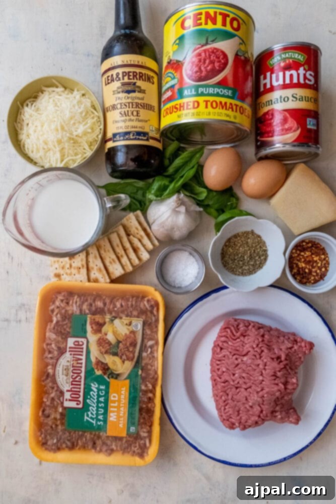 ground beef, Italian sausage, herbs, spices, eggs, milk, and sauces on a table