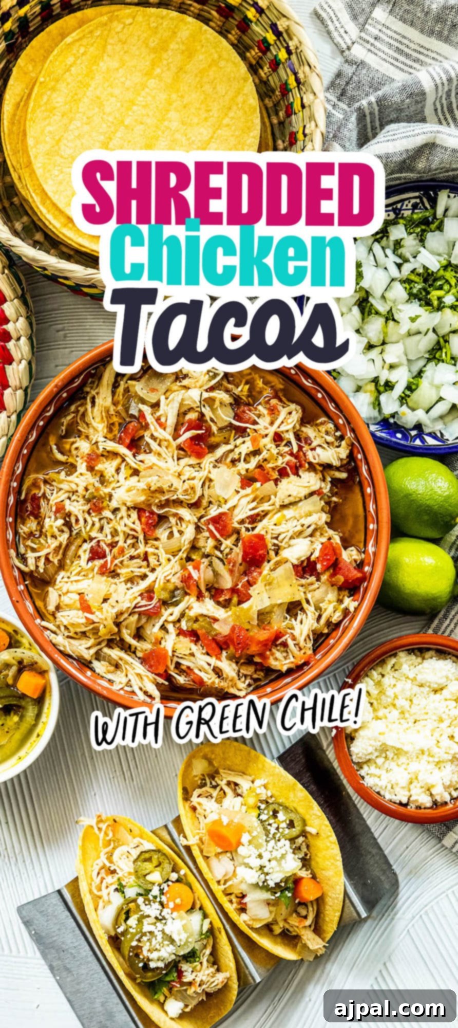 A close-up of delicious shredded chicken tacos with green chile, presented in a vibrant and enticing manner, highlighting the rich textures and appealing colors.