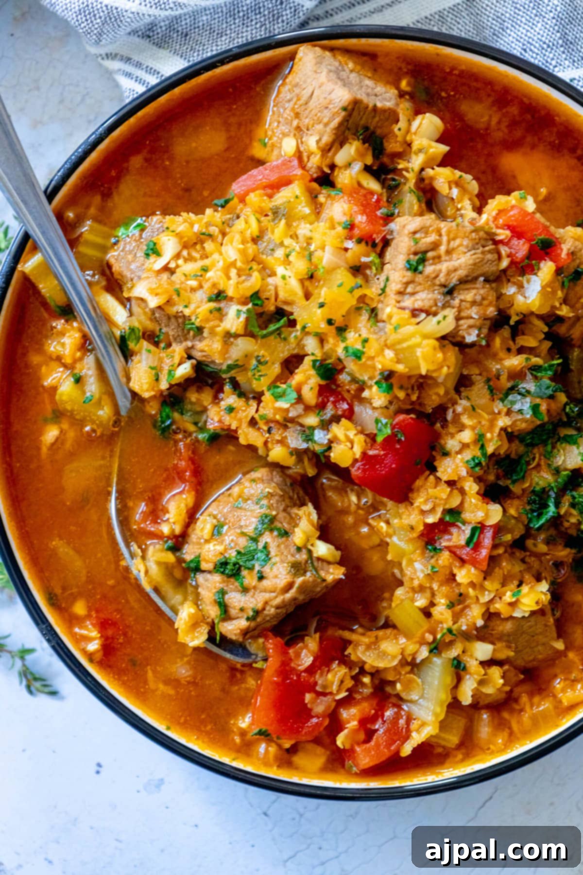 One-Pot Beef and Lentil Delight 2 beef and lentil stew in a bowl with a spoon in it.