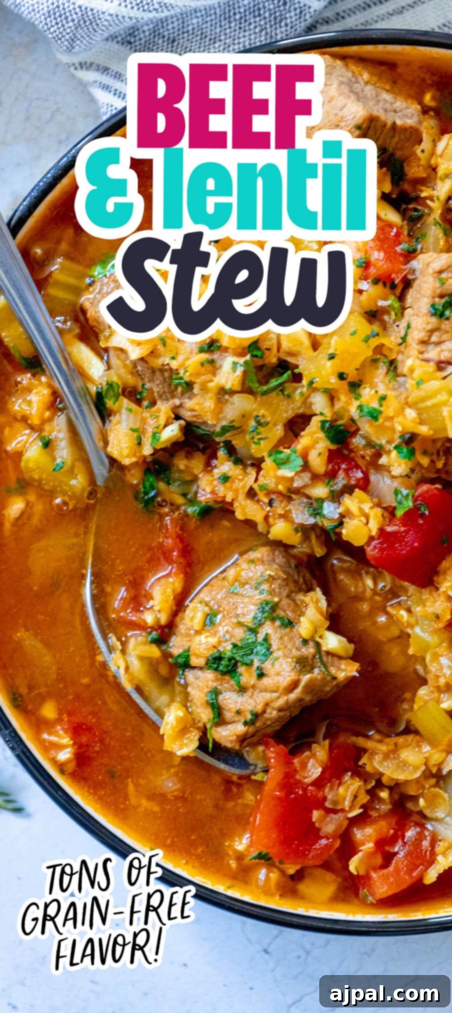 One-Pot Beef and Lentil Delight 9 a piece of stew meat on a spoon, lentil and beef stew in a bowl in the background.