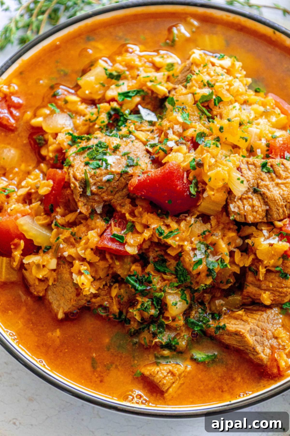 One-Pot Beef and Lentil Delight 6 beef and lentil stew with diced herbs in a white bowl