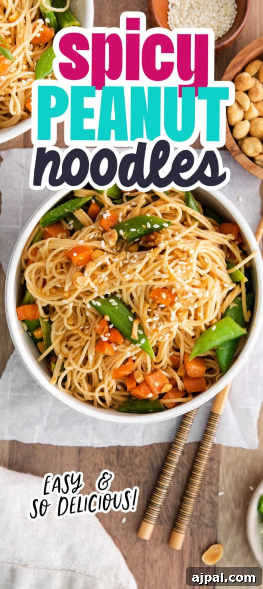 Kickin' Peanut Noodles 12 A top-down view of a generous bowl of spicy peanut noodles, elegantly garnished with finely crushed peanuts and toasted sesame seeds, highlighting the creamy sauce and fresh vegetables.