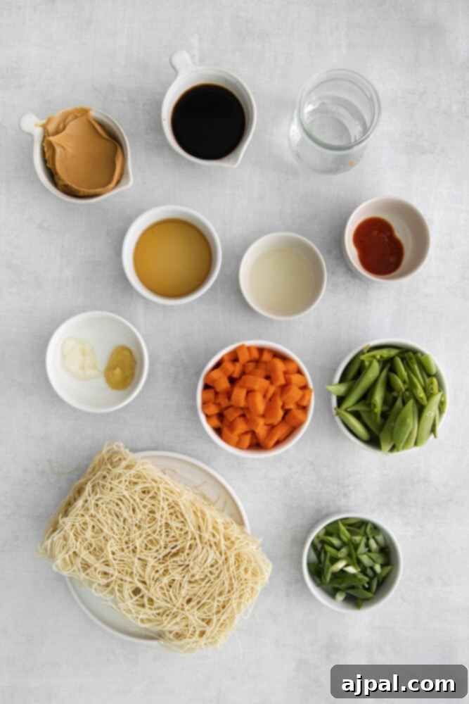 Various ingredients for spicy peanut noodles laid out: carrots, snap peas, soy sauce, peanut butter, uncooked noodles, sesame oil, and other spices.
