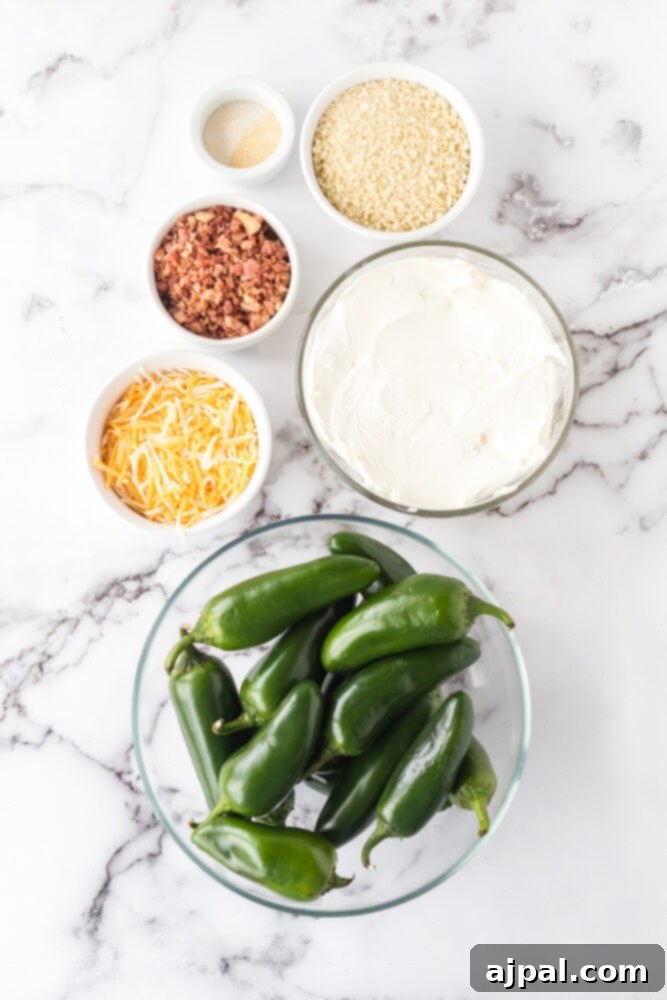 Various ingredients for jalapeño poppers laid out on a table: whole jalapeños, cream cheese, shredded cheese, crumbled bacon, breadcrumbs, garlic salt, and onion powder in separate bowls.