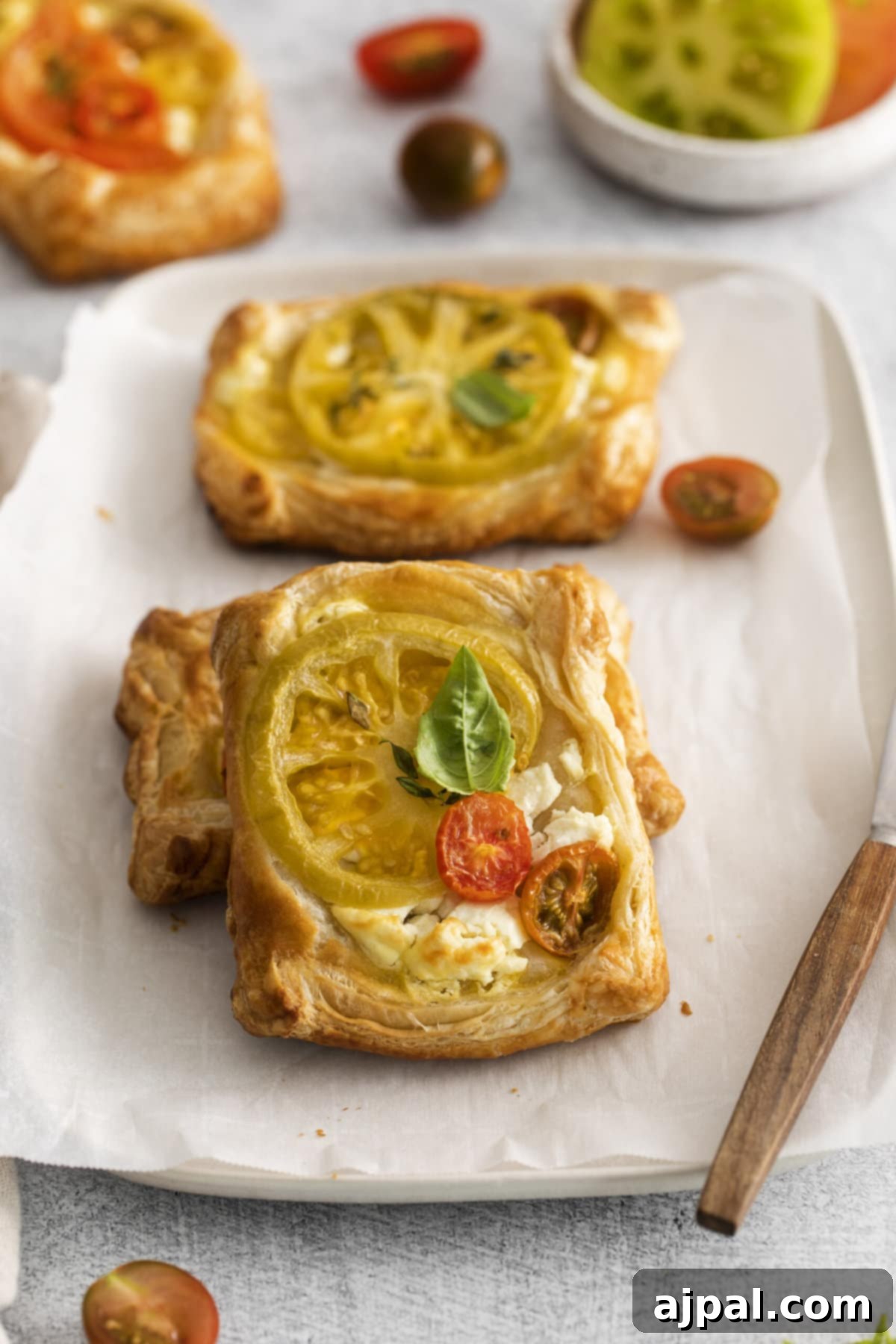 Tomato Goat Cheese Tarts 2 Three golden-brown goat cheese and tomato tarts resting on a piece of parchment paper, showcasing their vibrant colors and flaky crust.