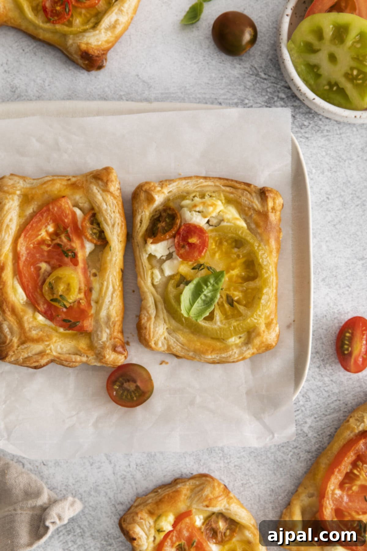 Tomato Goat Cheese Tarts 11 Two beautifully baked tomato and goat cheese tarts resting on parchment paper, surrounded by fresh, vibrant tomatoes.