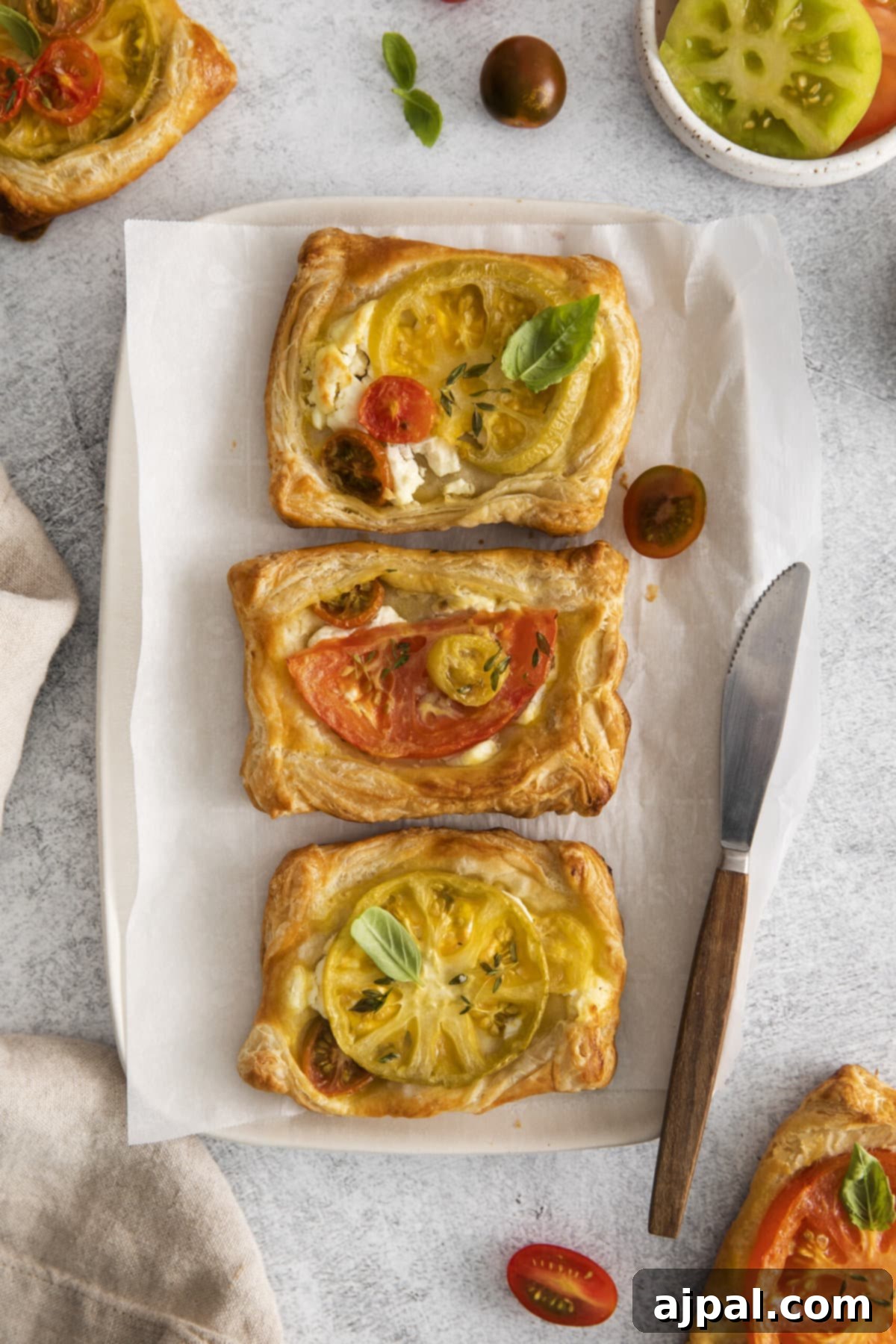 Tomato Goat Cheese Tarts 3 Three freshly baked tomato goat cheese tarts lined up on parchment paper, with a serving knife nearby, ready to be enjoyed.