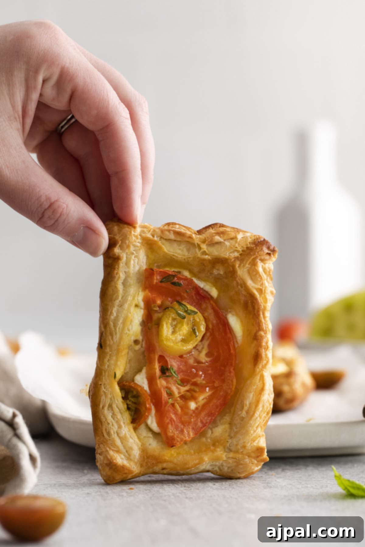 Tomato Goat Cheese Tarts 10 A hand holding up a single golden-brown goat cheese and tomato tart, highlighting its crispy crust and colorful filling.