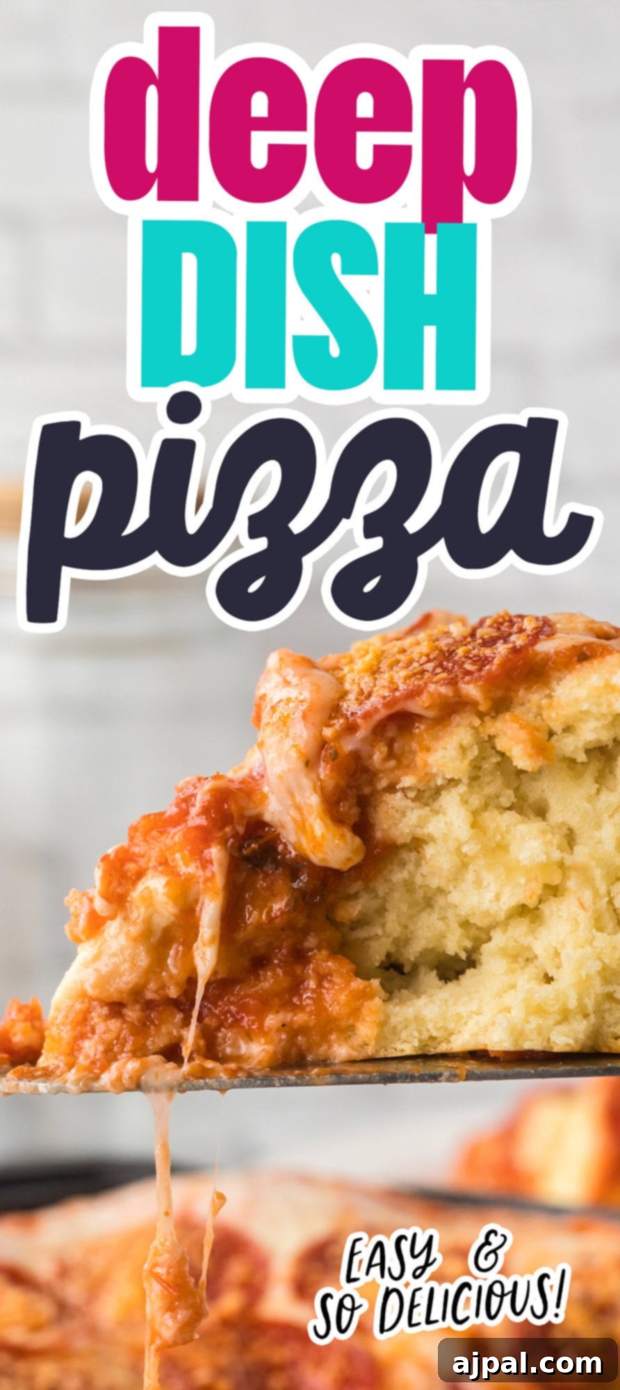 A delicious slice of deep dish pizza with pepperoni and stringy melted cheese, just taken from the pan.
