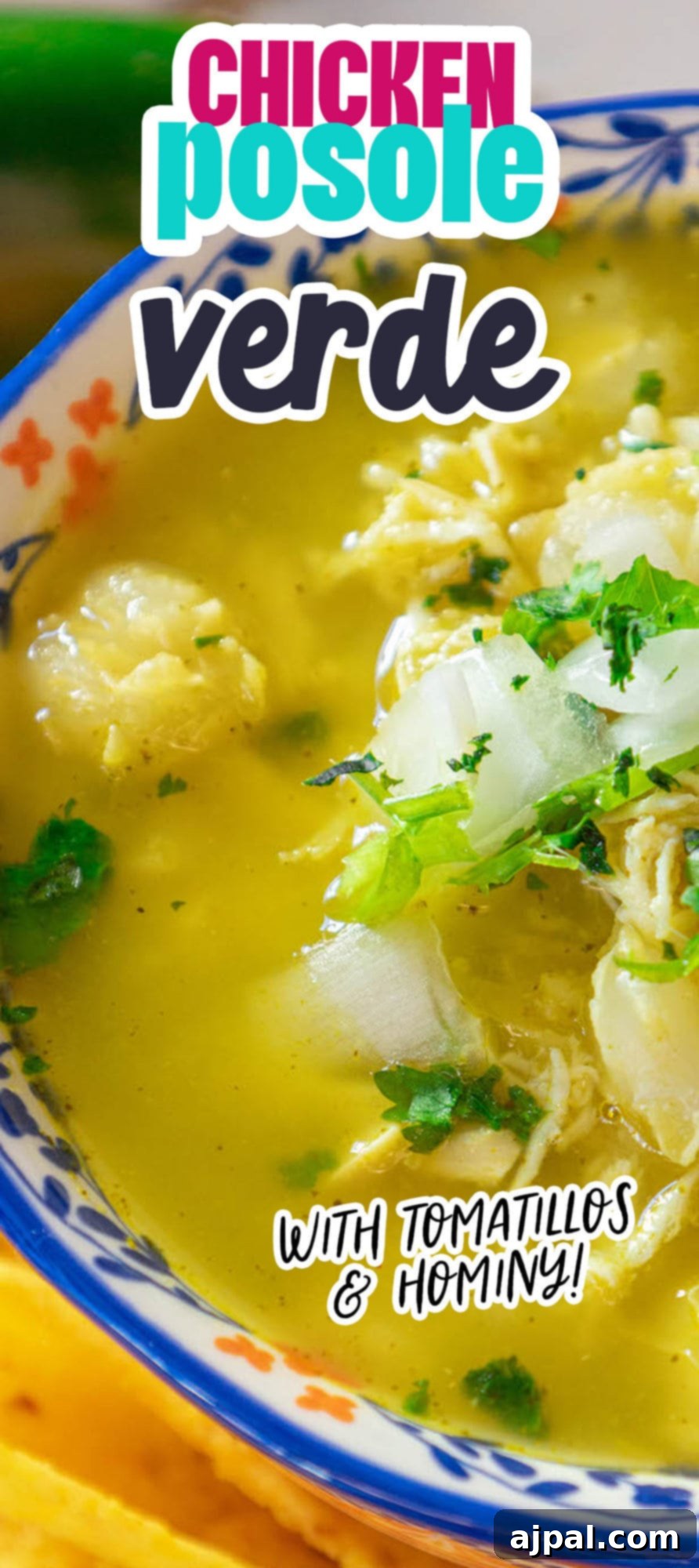 Zesty Green Chicken Posole 13 Green shredded chicken posole in a bowl, generously garnished with fresh cilantro and diced onion, inviting diners to a flavorful Mexican meal.