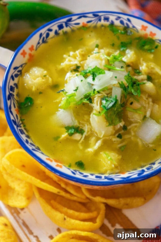 Zesty Green Chicken Posole 5 A colorful bowl of easy green chicken posole, beautifully garnished with fresh toppings and accompanied by tortilla chips.