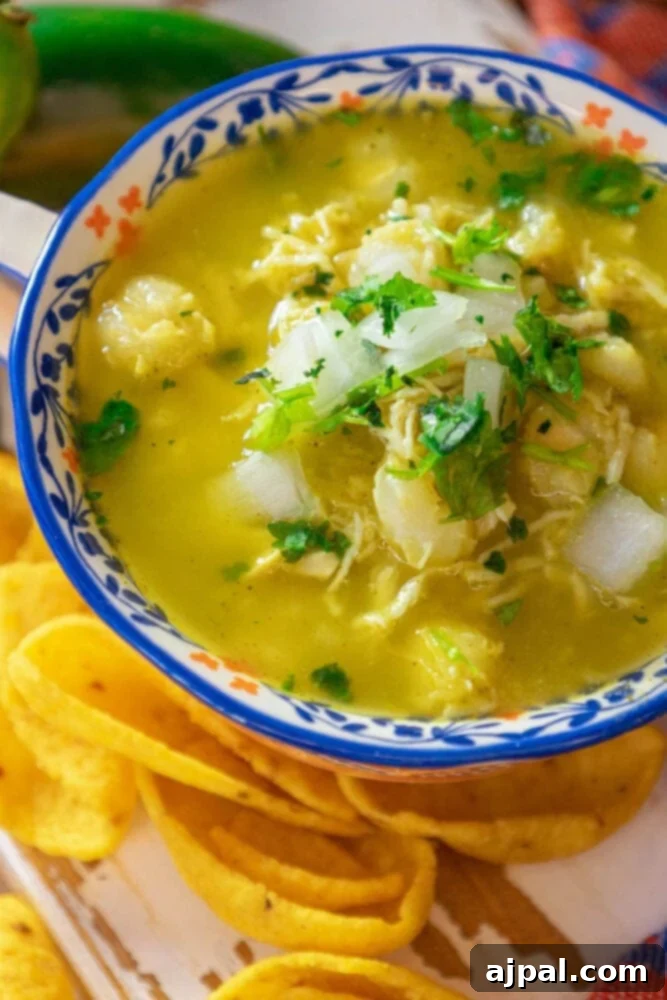A bowl of easy green chicken posole with tortilla chips.