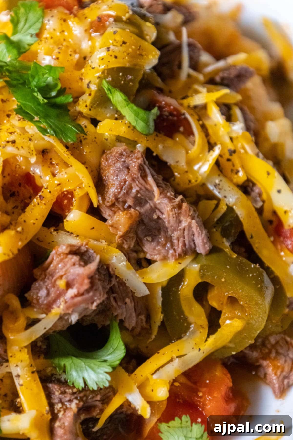 Spicy Mexican Pot Roast 11 A white plate featuring shredded pot roast generously topped with melted shredded cheese, vibrant diced tomatoes, and freshly chopped cilantro.