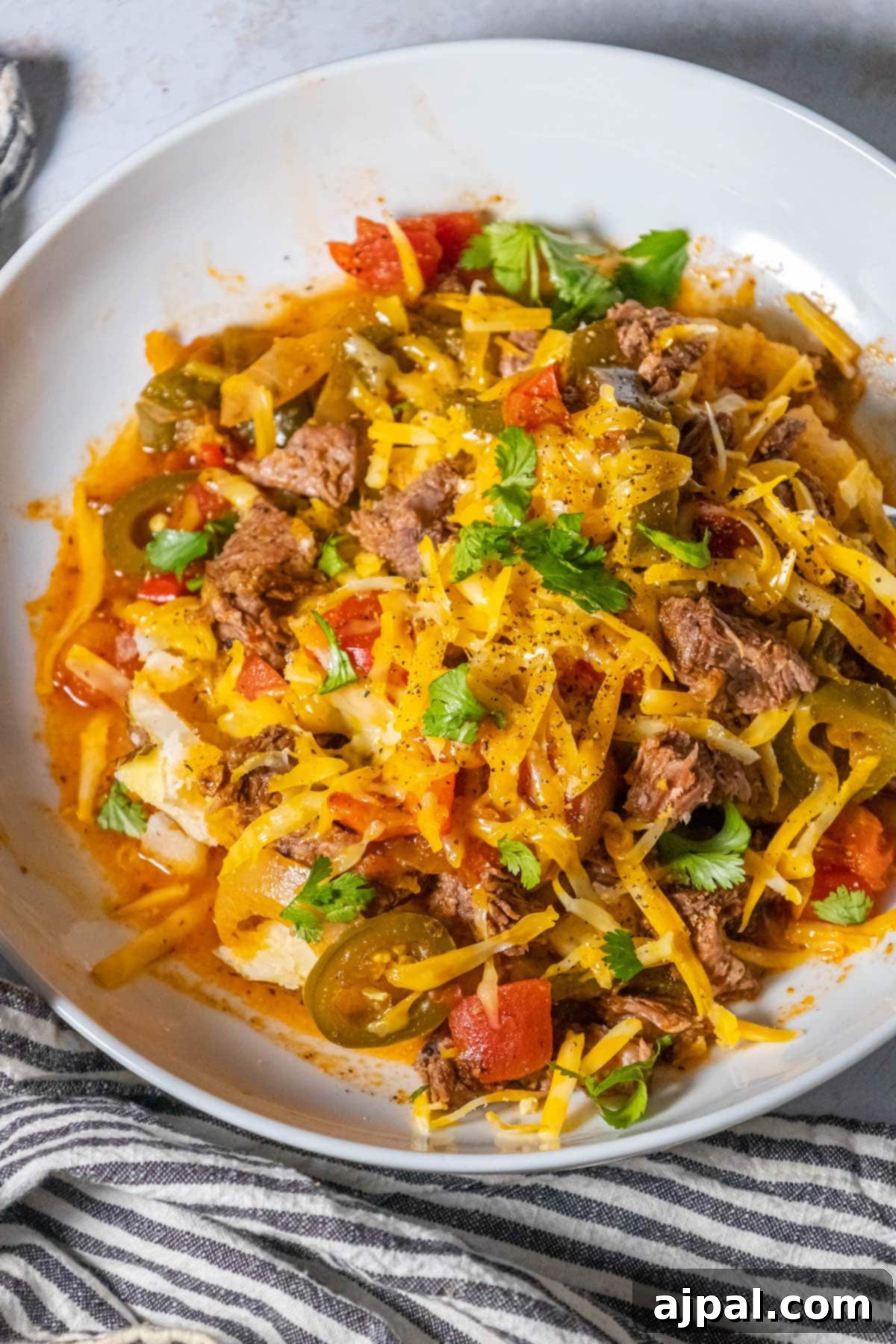 Spicy Mexican Pot Roast 3 A bowl of crispy nachos generously topped with spicy Mexican pot roast and melted cheese, ready to be enjoyed.