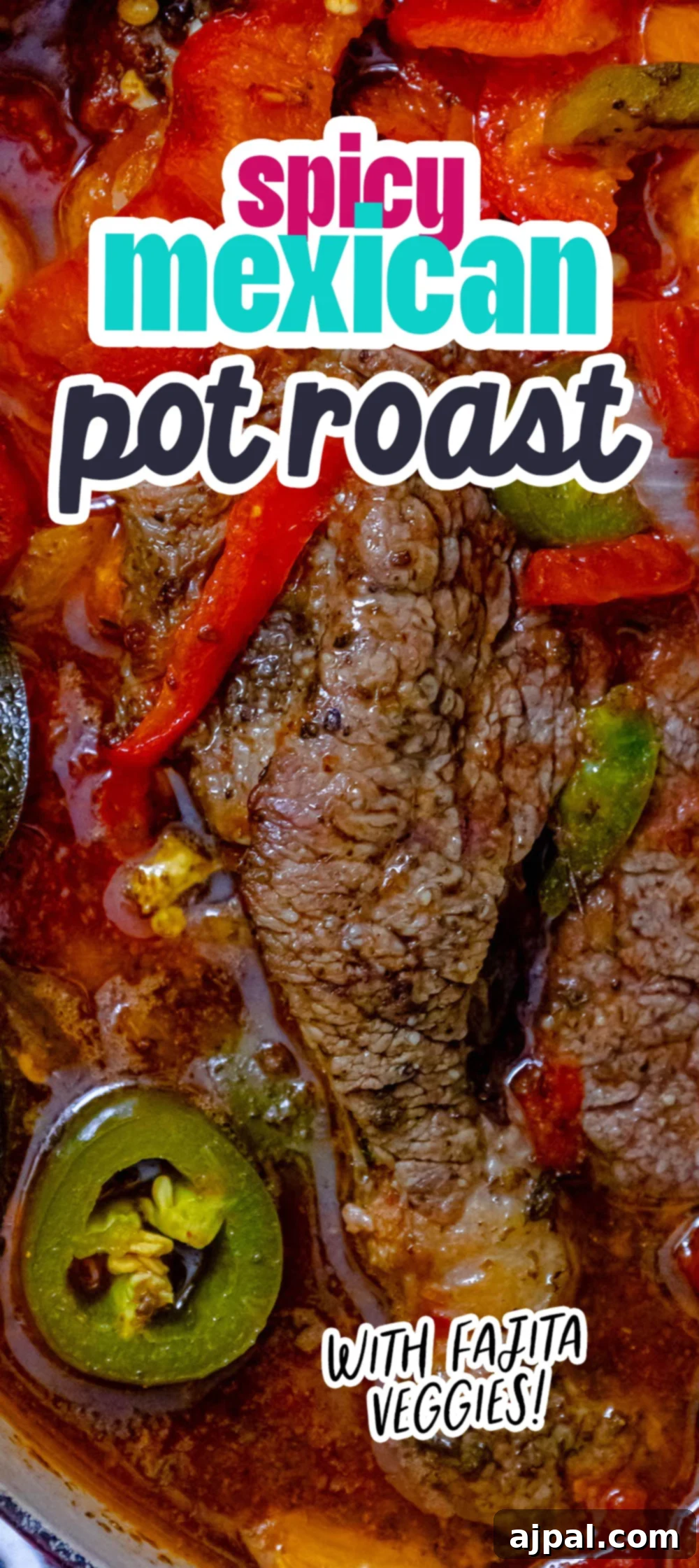 Spicy Mexican Pot Roast 13 A Dutch oven containing a spicy Mexican pot roast, garnished with fresh jalapeños, simmering in its rich, flavorful jus.
