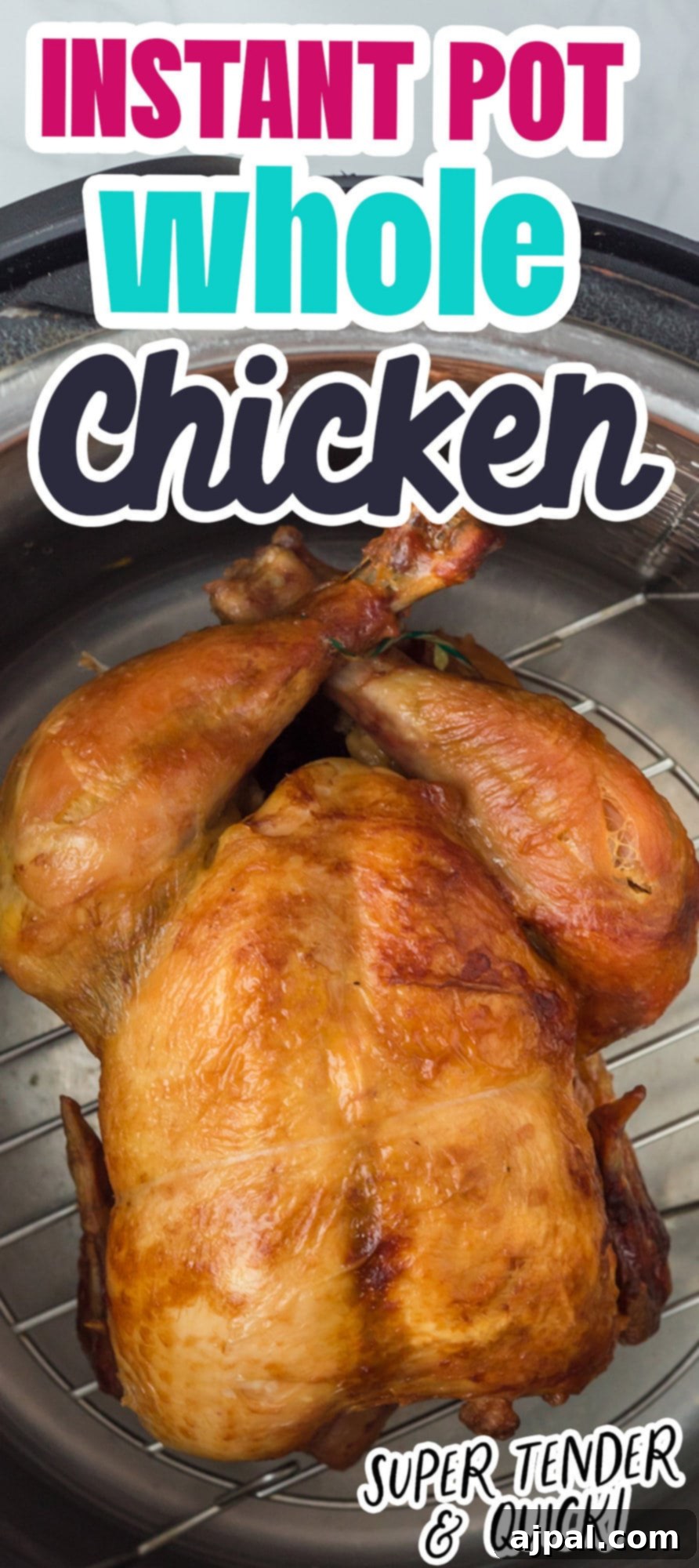 Browned whole chicken in an Instant Pot, ready to be served or broiled for crispy skin.