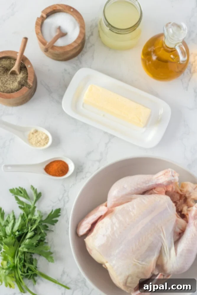 Perfect Instant Pot Whole Chicken 4 chicken, butter, oil, stock on a table