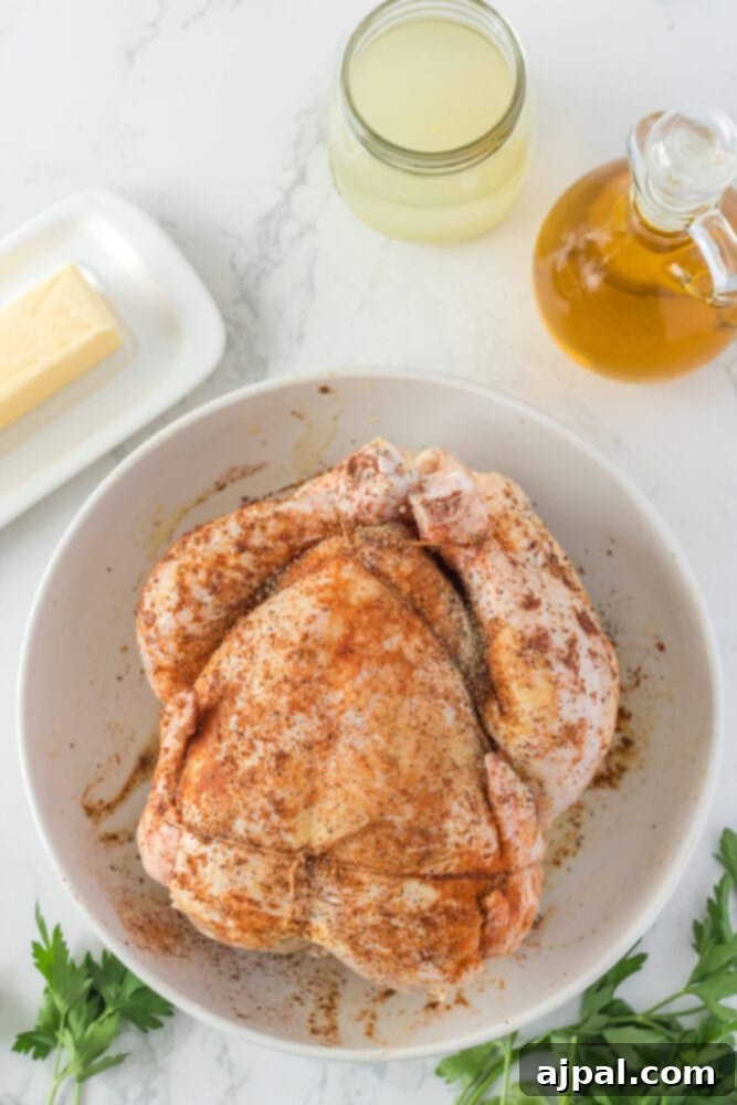 Seasoned raw chicken in a bowl, prepared for cooking in the Instant Pot.