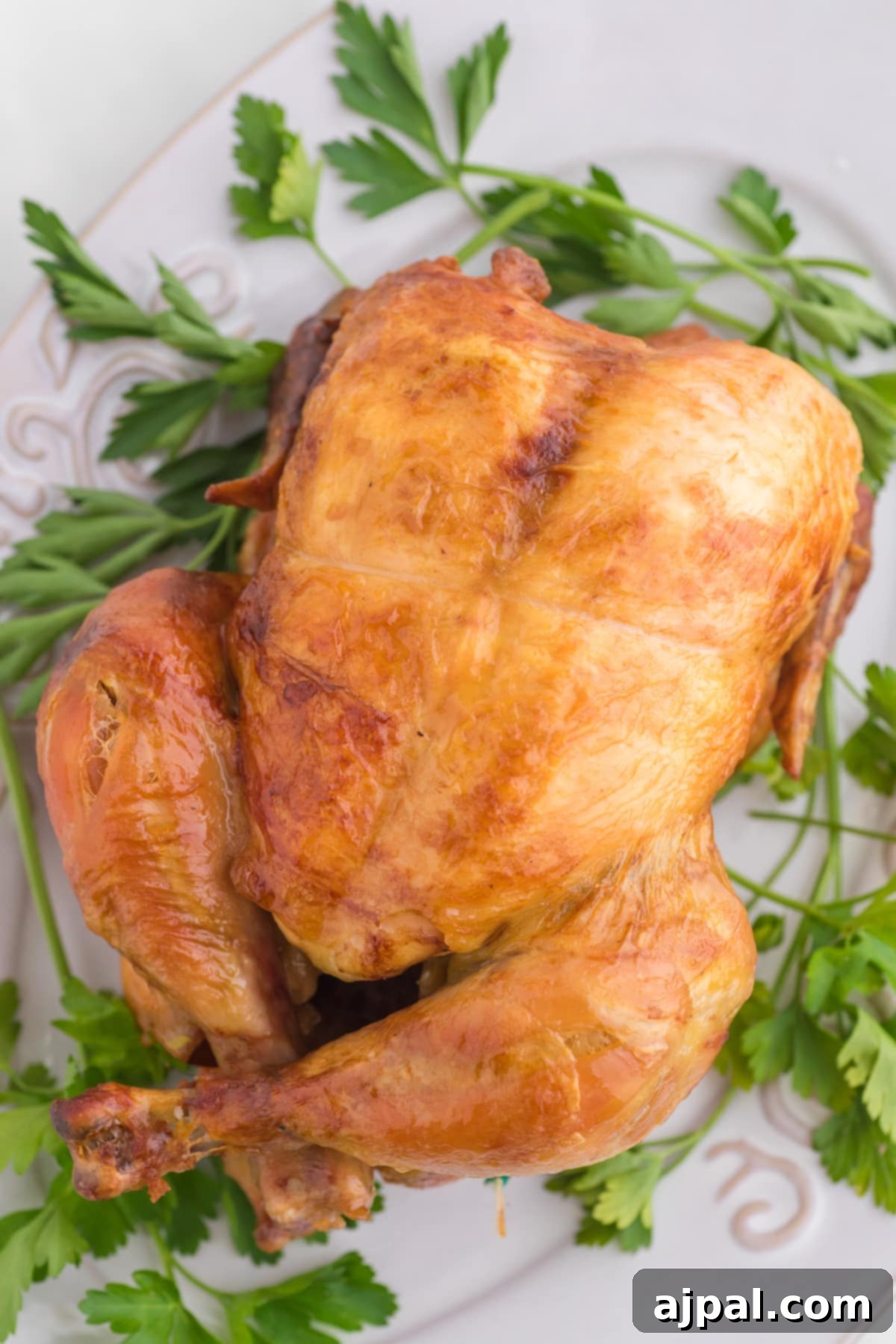 Roasted chicken on a white plate with parsley, a simple yet elegant presentation of Instant Pot whole chicken.