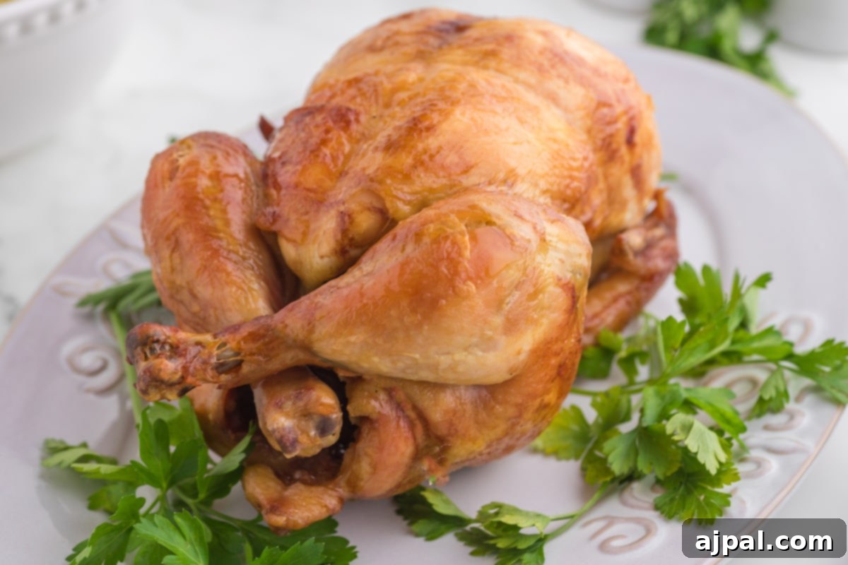 Roasted whole chicken on a white plate with peas and mashed potatoes in front of an Instant Pot, a perfect family dinner.