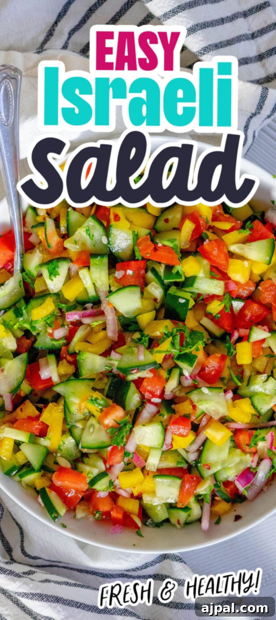 Authentic Jerusalem Salad 17 A beautifully arranged white bowl filled with precisely chopped bell pepper, crisp cucumber, vibrant cherry tomatoes, thinly sliced red onion, and fresh parsley, ready for a delicious vegan Israeli salad.