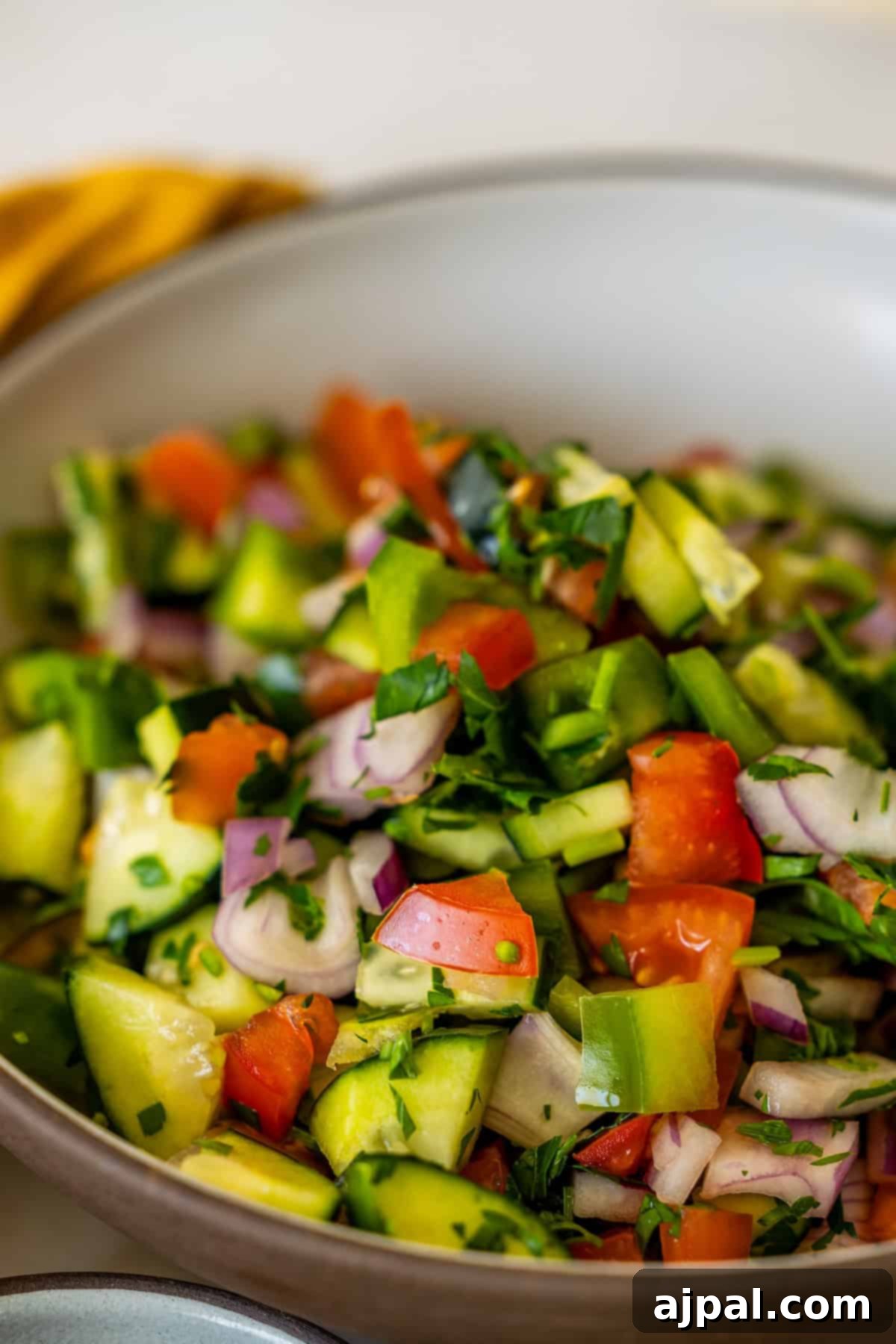 Authentic Jerusalem Salad 3 A bowl of vibrant vegan Israeli salad overflowing with finely chopped cucumbers, ripe red tomatoes, thinly sliced red onions, and fresh green parsley.