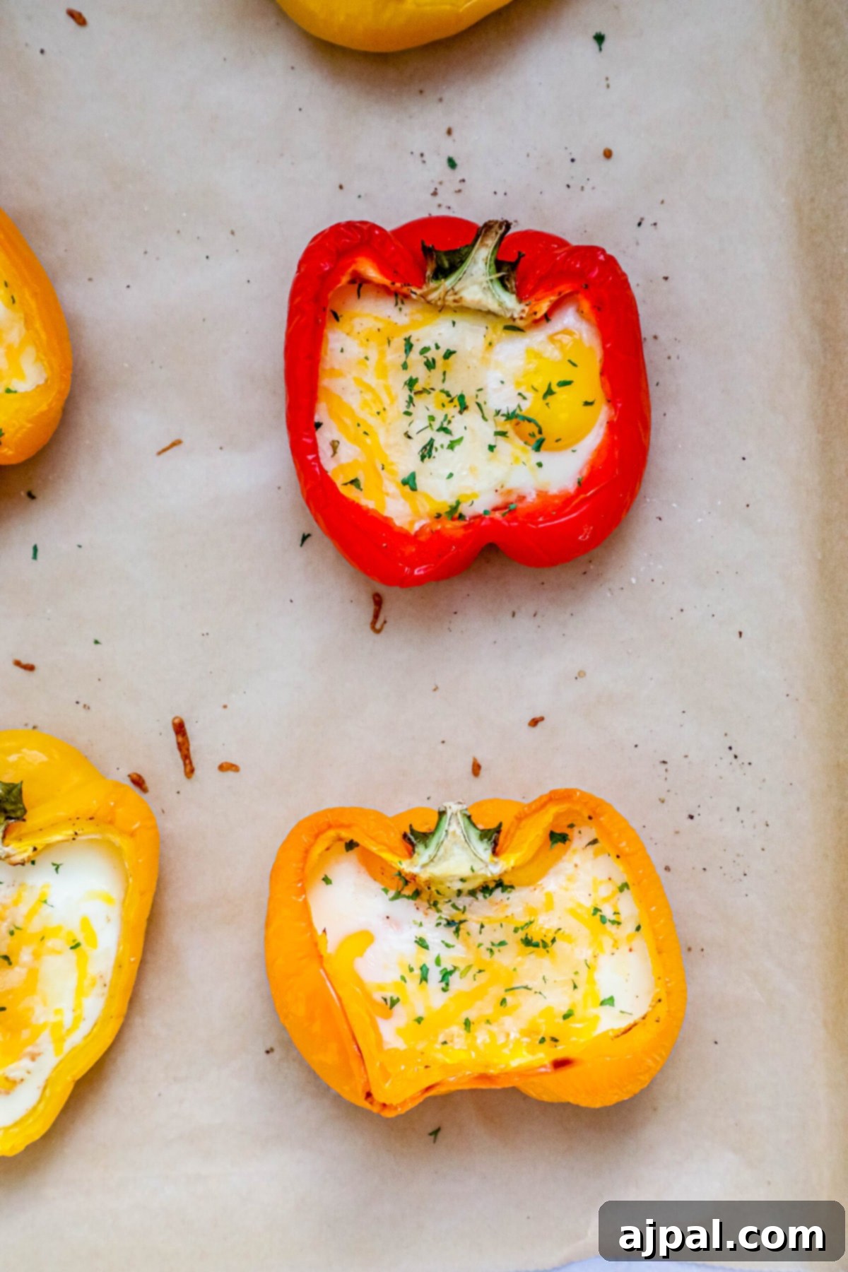 Bell Pepper Egg Bake 2 baked bell peppers with an egg in them and parsley on them