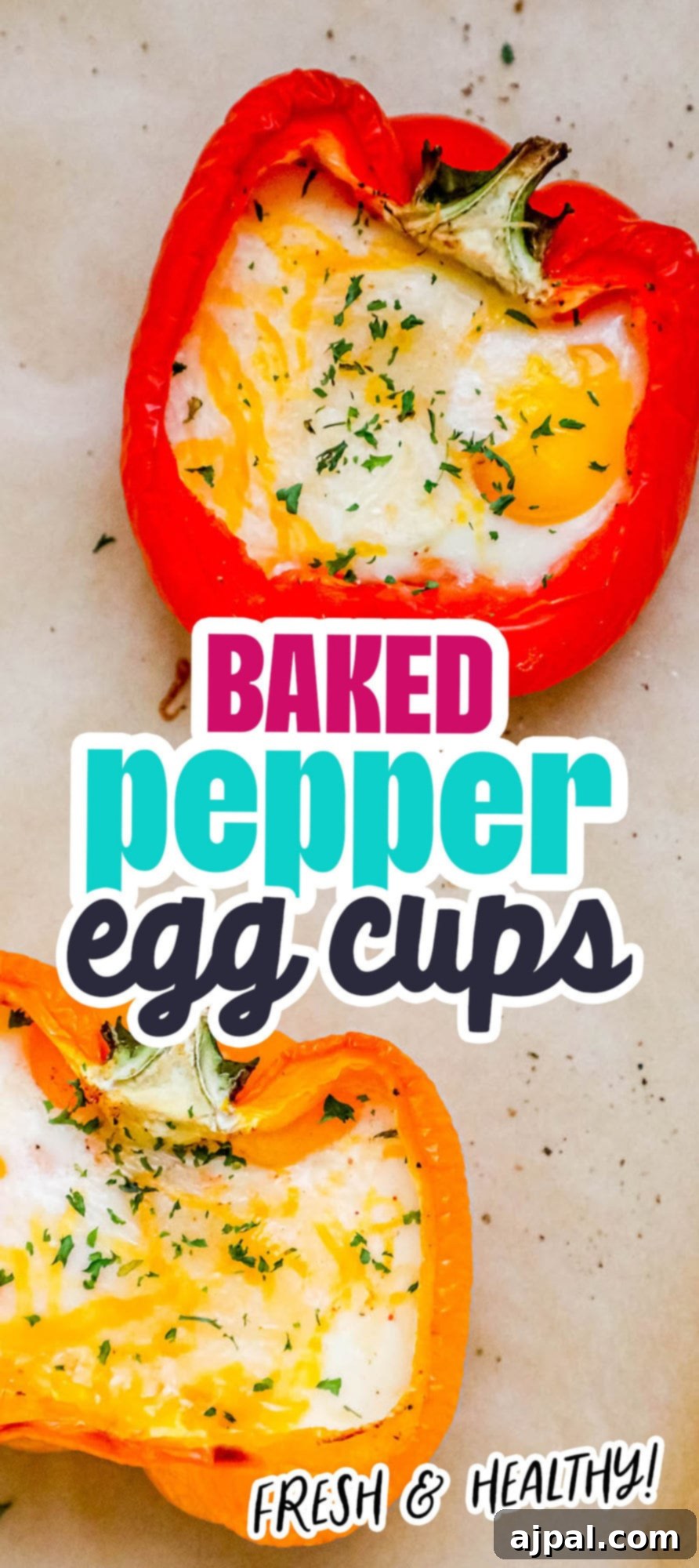 Bell Pepper Egg Bake 12 baked eggs inside half of a bell pepper with melted cheese and herbs on top