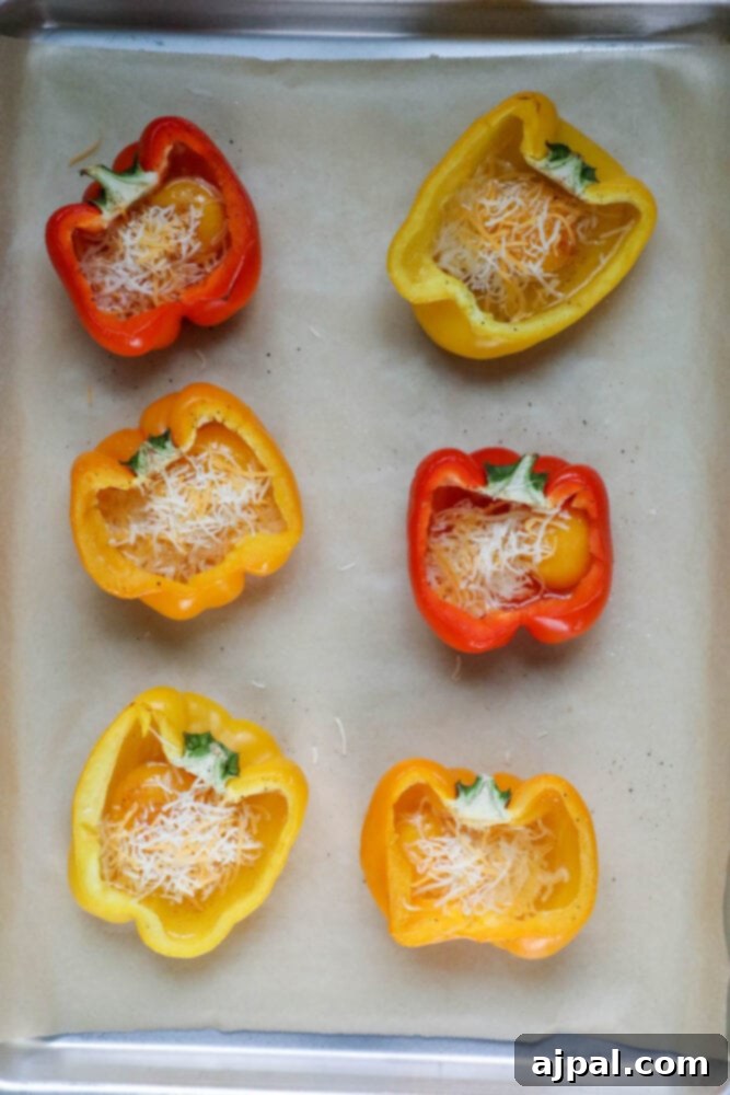 Bell Pepper Egg Bake 7 halved bell pepper with egg cheese and herbs on a baking sheet lined with parchment paper