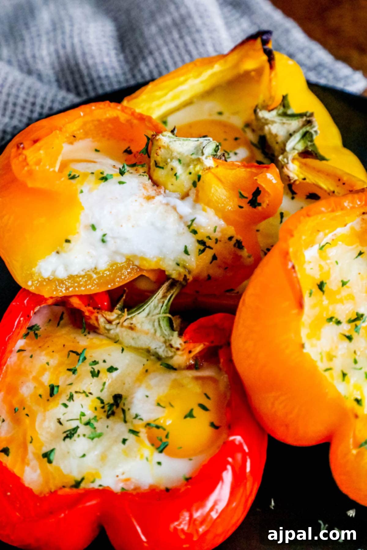 Bell Pepper Egg Bake 9 baked eggs inside half of a yellow bell pepper with melted cheese and herbs on top on a black plate