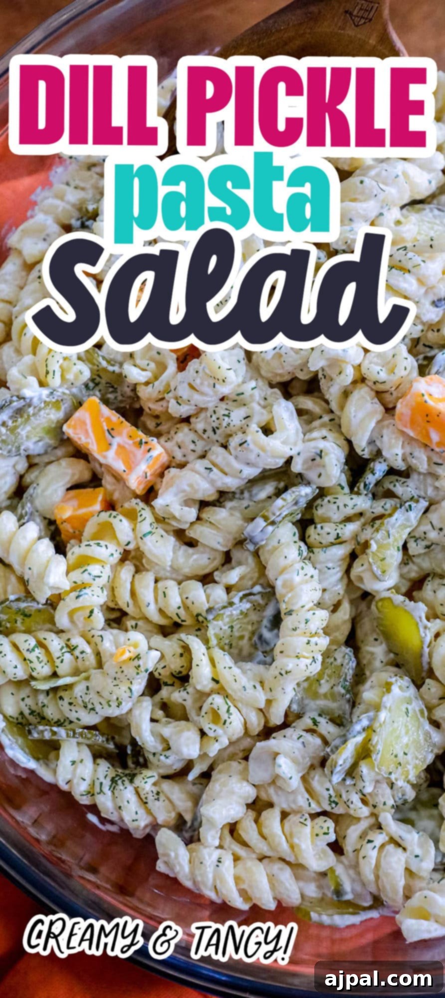 Tangy Dill Pasta Delight 9 Creamy Dill Pickle Pasta Salad served in a bowl, showcasing its rich texture and vibrant ingredients.