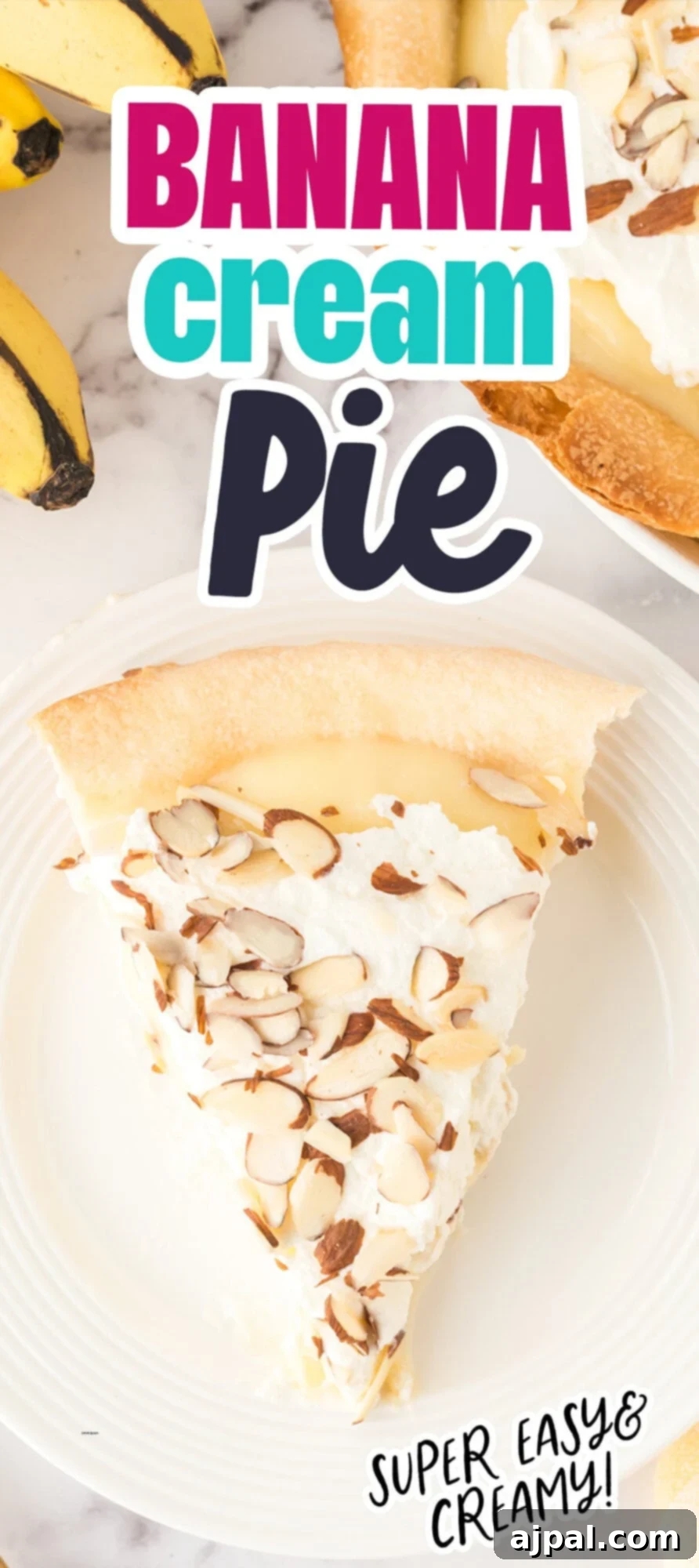 Creamy Banana Delight 15 slice of banana cream pie on a plate with almonds on top and bananas on a table next to a pie plate